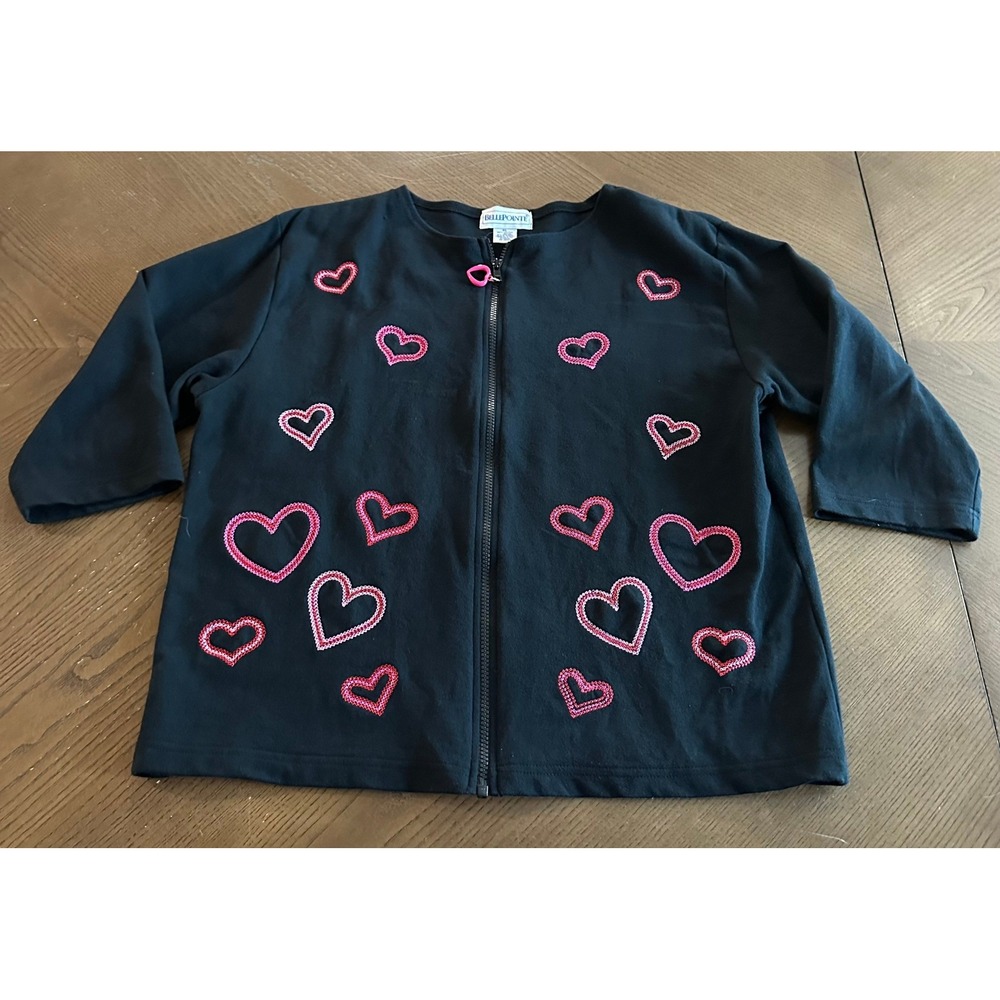 BellePointe Womens XL Black Pink Embroidered Heart Zip Up Cardigan Sweater Top